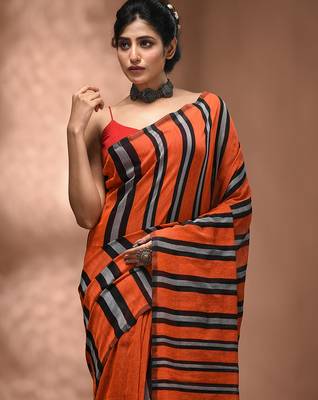 Orange cotton soft saree with stripe pattern 5