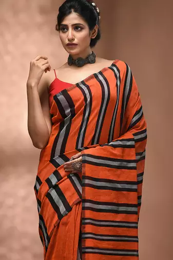Orange cotton soft saree with stripe pattern