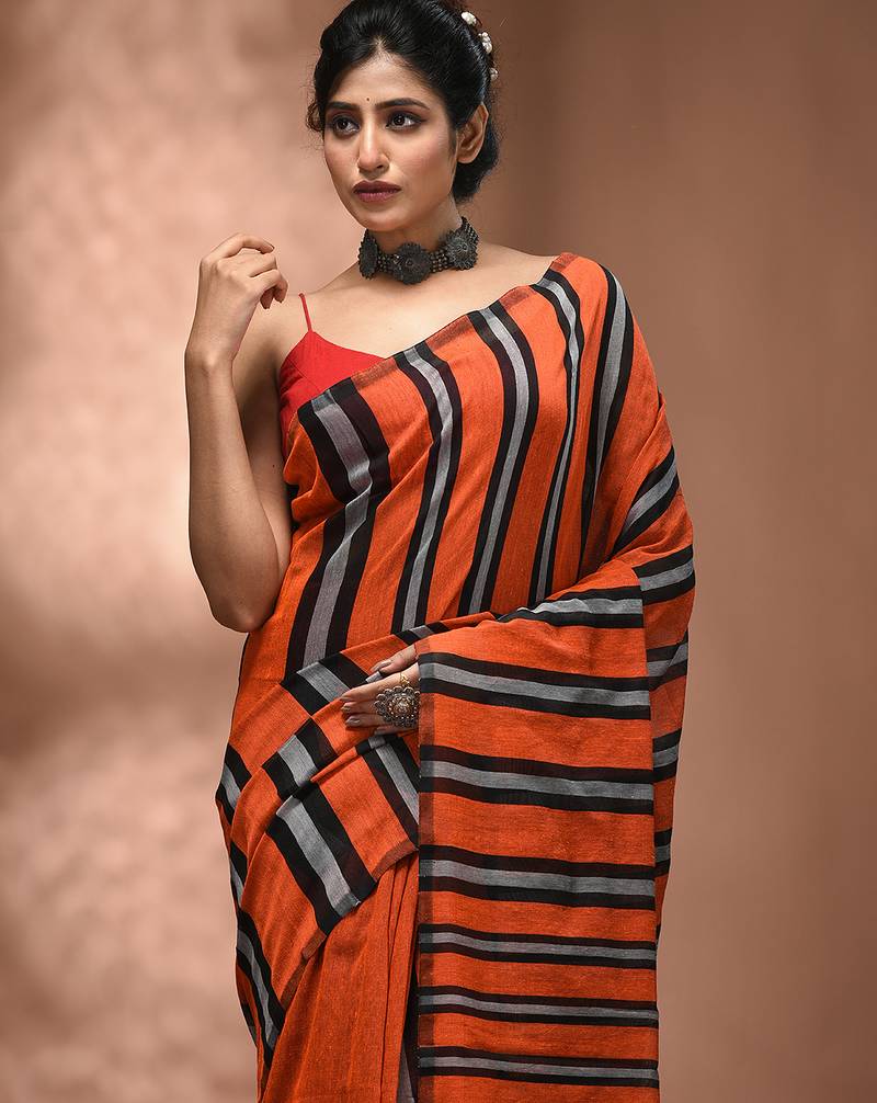 Orange cotton soft saree with stripe pattern