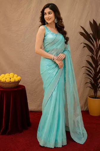 Sky blue soft shimmer chiffon embroidery work saree with unstitched blouse piece