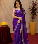 Plum soft shimmer chiffon embroidery work saree with unstitched blouse piece