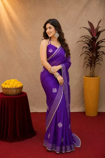 Plum soft shimmer chiffon embroidery work saree with unstitched blouse piece