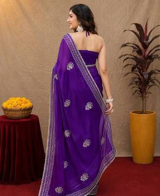 Plum soft shimmer chiffon embroidery work saree with unstitched blouse piece 3