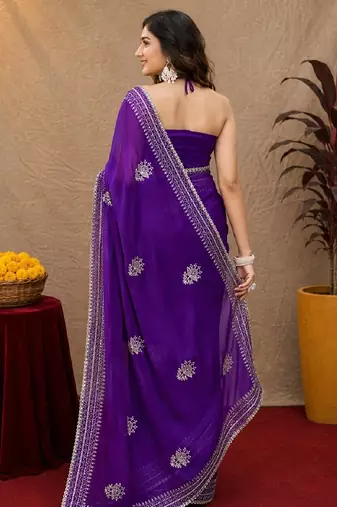 Plum soft shimmer chiffon embroidery work saree with unstitched blouse piece