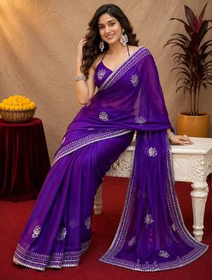 Plum soft shimmer chiffon embroidery work saree with unstitched blouse piece 4