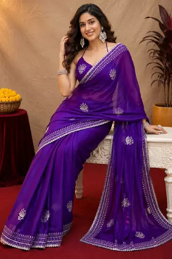 Plum soft shimmer chiffon embroidery work saree with unstitched blouse piece