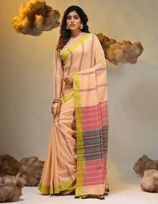 Cream cotton soft saree with stripe pattern 3