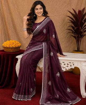 Wine soft shimmer chiffon embroidery work saree with unstitched blouse piece 1