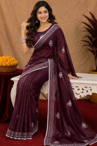 Wine soft shimmer chiffon embroidery work saree with unstitched blouse piece