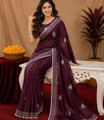 Wine soft shimmer chiffon embroidery work saree with unstitched blouse piece