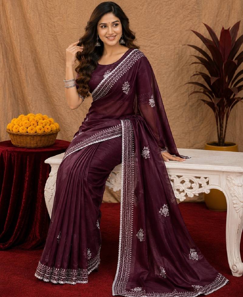 Wine soft shimmer chiffon embroidery work saree with unstitched blouse piece