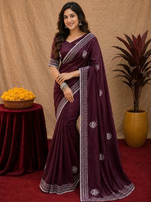 Wine soft shimmer chiffon embroidery work saree with unstitched blouse piece 2