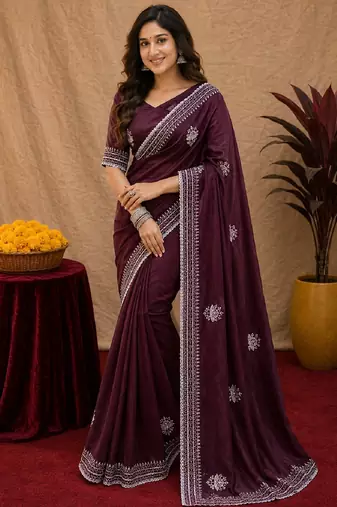 Wine soft shimmer chiffon embroidery work saree with unstitched blouse piece