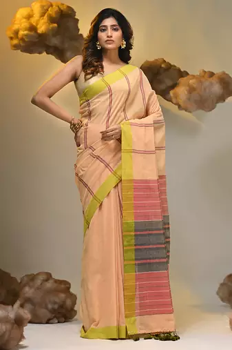 Grey cotton soft saree with stripe pattern