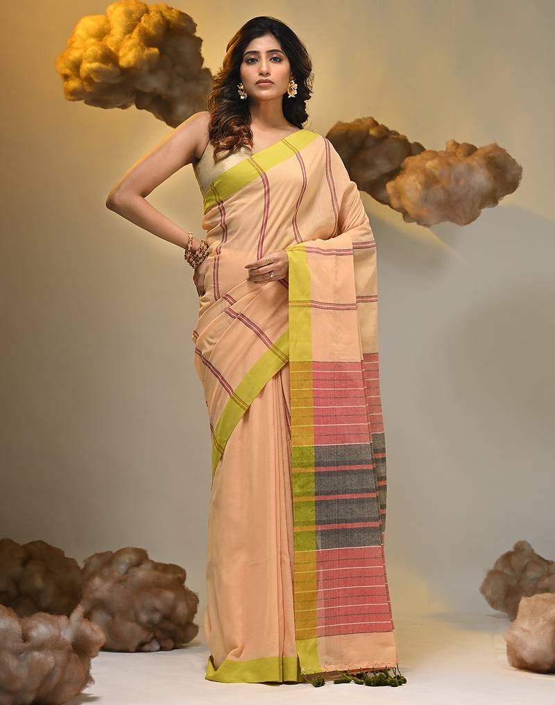 Grey cotton soft saree with stripe pattern