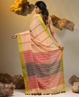 Grey cotton soft saree with stripe pattern 2