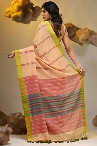 Grey cotton soft saree with stripe pattern