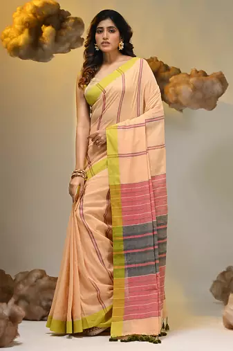 Grey cotton soft saree with stripe pattern