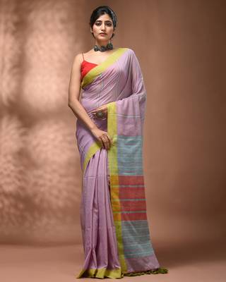 Light violet cotton soft saree with stripe pattern 1
