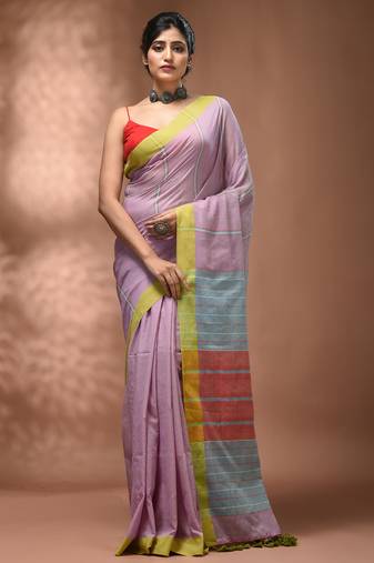 Light violet cotton soft saree with stripe pattern