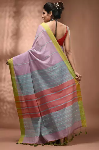 Light violet cotton soft saree with stripe pattern