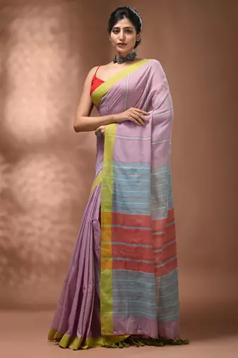 Light violet cotton soft saree with stripe pattern