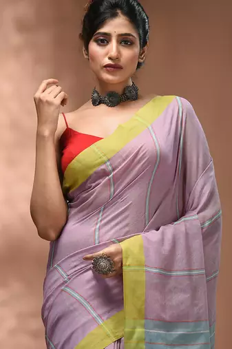 Light violet cotton soft saree with stripe pattern