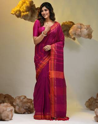 Magenta cotton soft saree with stripe pattern 1