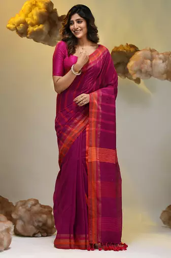 Magenta cotton soft saree with stripe pattern