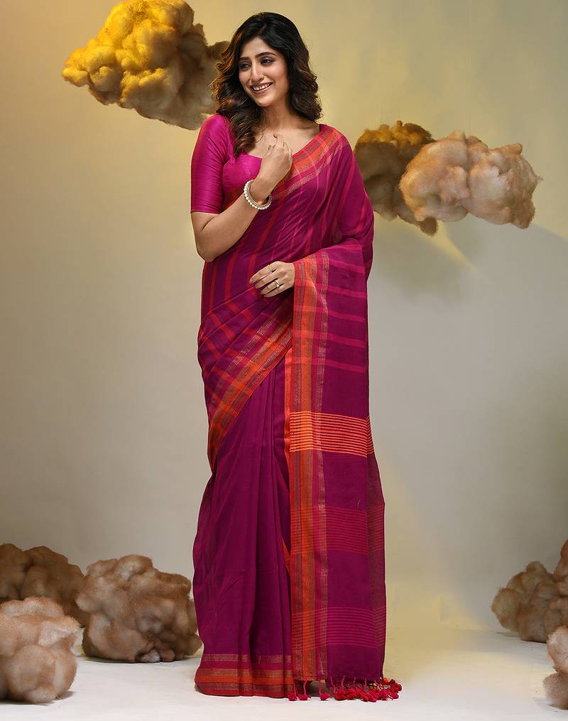 Magenta cotton soft saree with stripe pattern