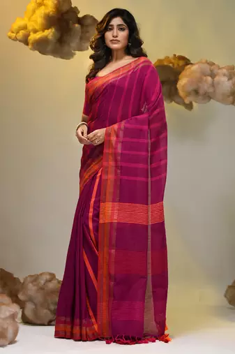 Magenta cotton soft saree with stripe pattern