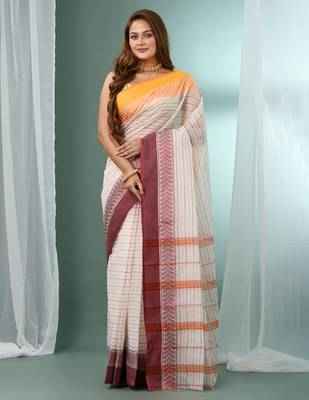 White pure cotton tant saree with woven designs 1