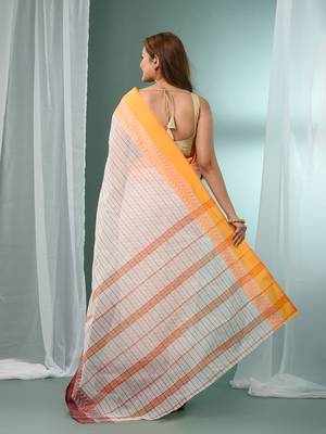 White pure cotton tant saree with woven designs 2