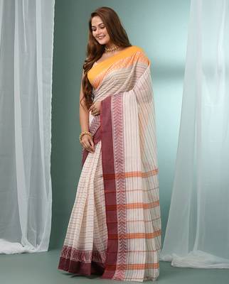 White pure cotton tant saree with woven designs 5