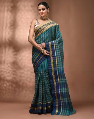 Teal bengal tant pure cotton saree with zari border 1