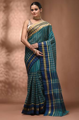 Teal bengal tant pure cotton saree with zari border