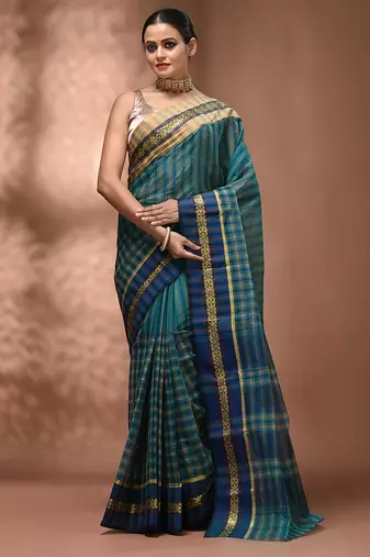 Teal bengal tant pure cotton saree with zari border