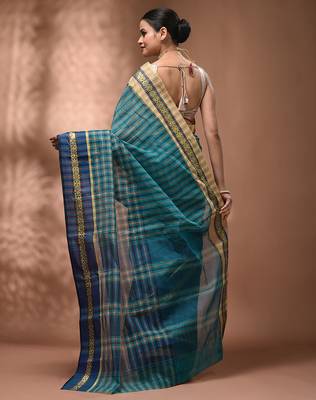 Teal bengal tant pure cotton saree with zari border 2
