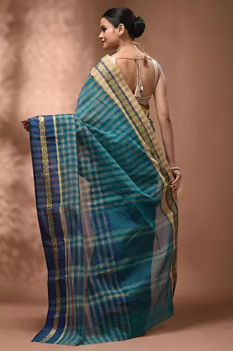 Teal bengal tant pure cotton saree with zari border