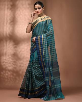 Teal bengal tant pure cotton saree with zari border 3