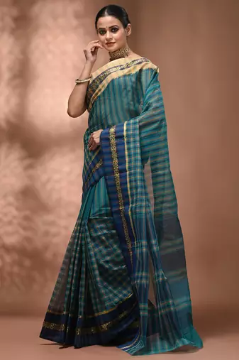 Teal bengal tant pure cotton saree with zari border