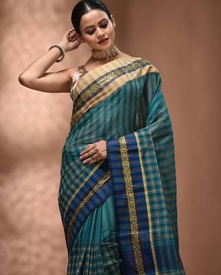Teal bengal tant pure cotton saree with zari border 4