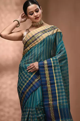 Teal bengal tant pure cotton saree with zari border