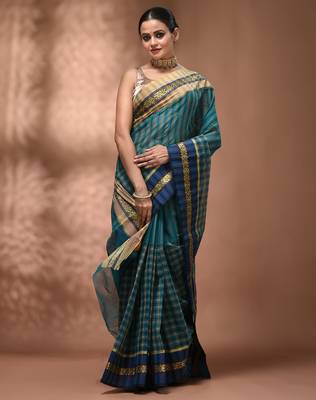 Teal bengal tant pure cotton saree with zari border 5
