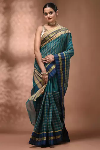 Teal bengal tant pure cotton saree with zari border