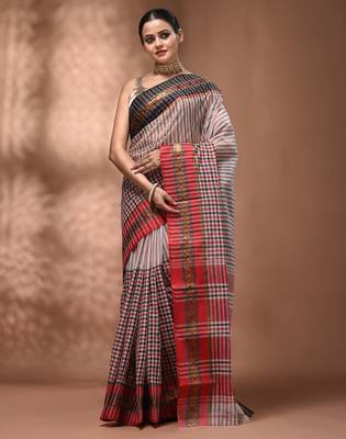 White bengal tant pure cotton saree with zari border 1