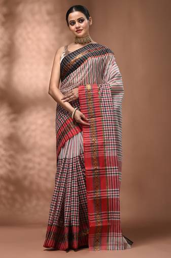 White bengal tant pure cotton saree with zari border