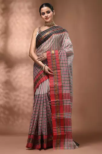White bengal tant pure cotton saree with zari border