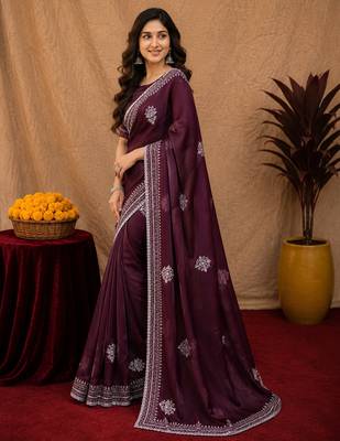 Wine soft shimmer chiffon embroidery work saree with unstitched blouse piece 3