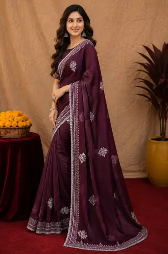 Wine soft shimmer chiffon embroidery work saree with unstitched blouse piece
